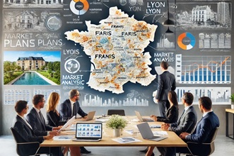 A professional workspace with a team developing a business plan for a real estate company in France